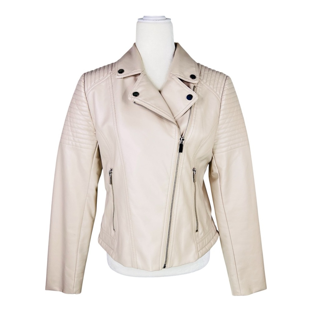 New York & Company Crème Faux Leather Off Center Zip Up Motorcycle Jacket Size S